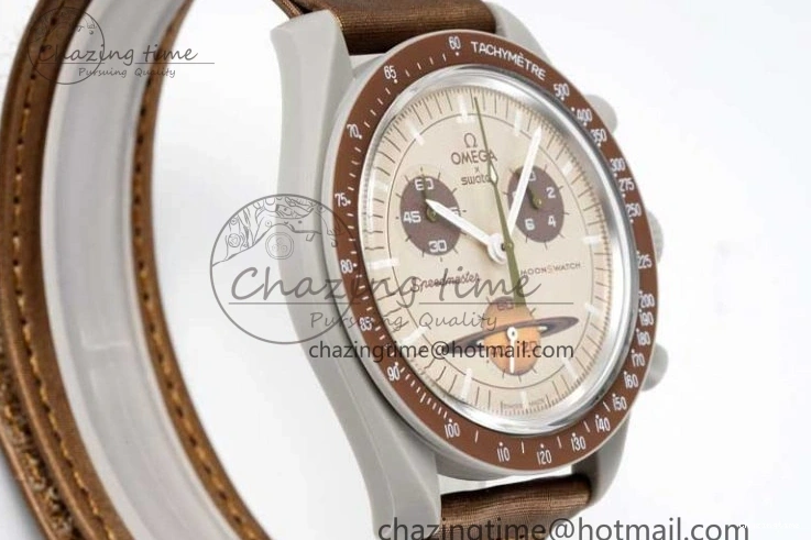 0309 Speedmaster Misson To Saturn 1:1 Best Edition Beige Dial On Nylon Strap Quartz Casual 7861